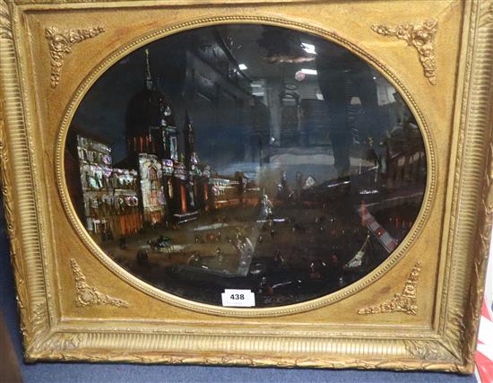 A 19th century reverse painting on glass with mother of pearl highlights, View of St Marks Square, 44 x 53cm